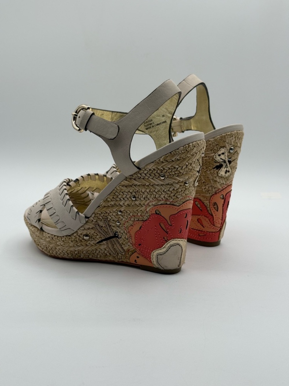 Coach Justeen Wedge Sandals Beige Leather Floral Platform Espadrille Heels - Picture 13 of 17
